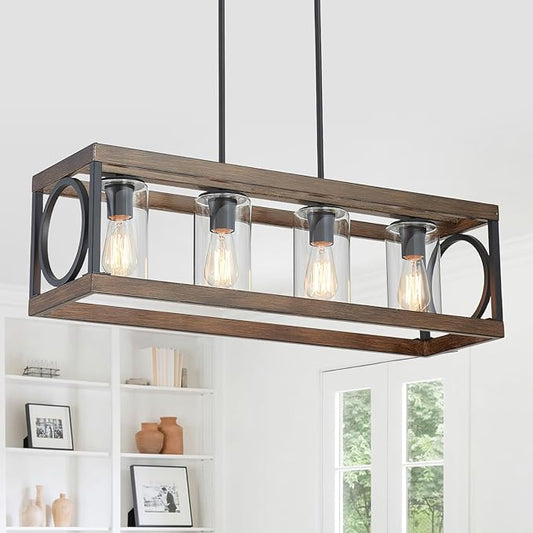 XINGQI 31.5" Industrial Rectangle Chandeliers for Kitchen Island Modern Farmhouse Vintage Linear Hanging 4-Light Fixture for Dining Room Living Room Office Black Wood Grain Finish with Glass Lampshade