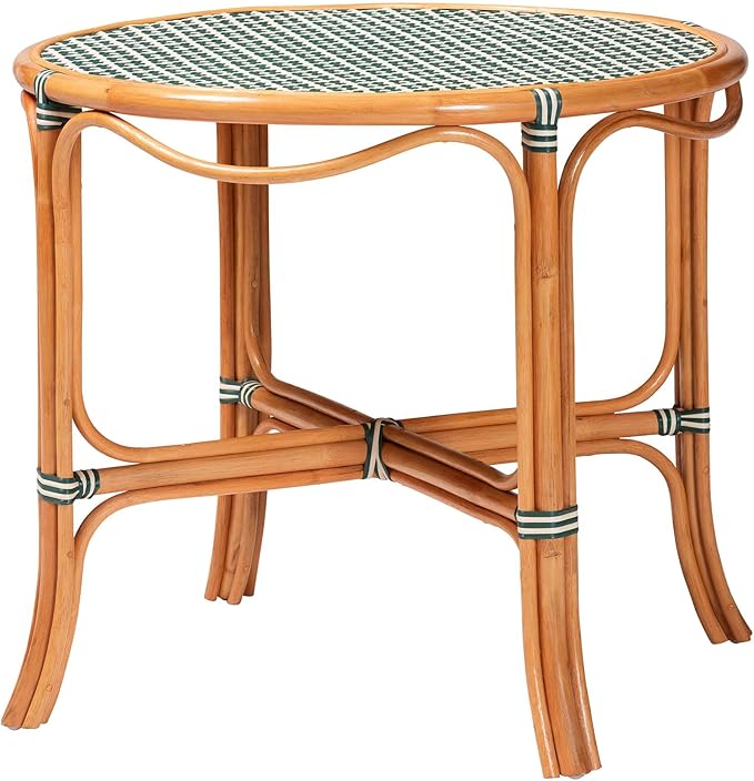 Bali & pari Mattie Natural Rattan Round Bistro Dining Table - Handwoven Cafe-Style Accent Table for Kitchen or Indoor/Outdoor Lounge, Dark Teal Green & White