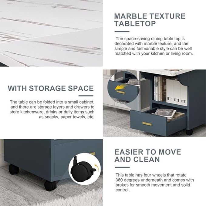 Folding Dining Table with Storage Drawer & Lockable Wheels, Marble Texture Drop Leaf Kitchen Table for Dining Room, Apartment