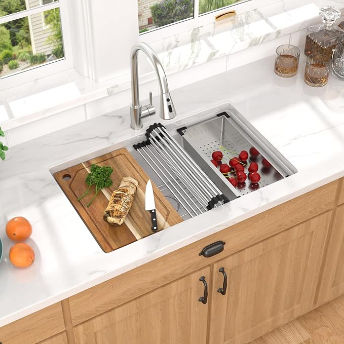 30 Inch Granite Composite Kitchen Sink - 30"x19" White Undermount Granite Kitchen Sink, Classic Quartz Single Bowl Workstation All-In One Sinks Basin for Modern Kitchens #TLGU-105