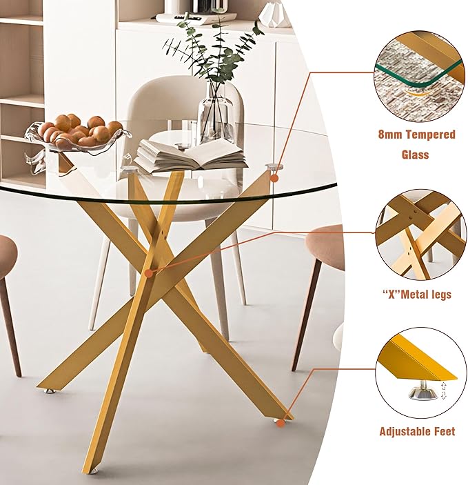 SSLine Glass Dining Table,47.25'' Round Dining Kitchen Table,Modern X-Design Dining Room Table with Gold Metal Base for Dining Room (Gold,47'',Round)