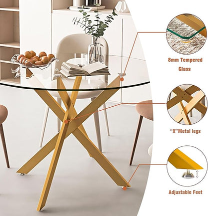 SSLine Glass Dining Table,47.25'' Round Dining Kitchen Table,Modern X-Design Dining Room Table with Gold Metal Base for Dining Room (Gold,47'',Round)