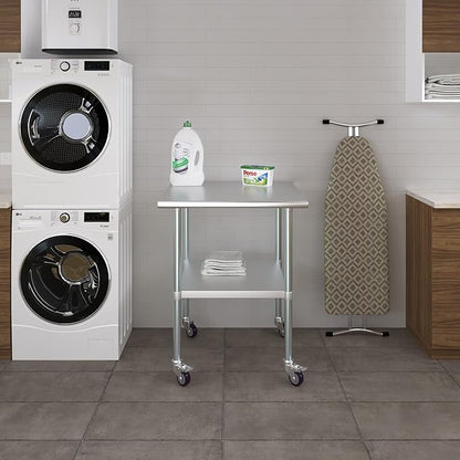 Stainless Steel Work Table with Wheels | NSF Kitchen Island Food Prep | Laundry Garage Utility Bench (Table + Wheels, 30" Long x 30" Deep)