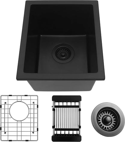 Black Bar Sink, 13" x 15" x 10" Undermount Kitchen Sink, 13 Inch Small and Deep Single Bowl Granite Composite Kitchen Sink with Accessories, 13 x 15 Matte Black Quartz Stone Bar Sinks