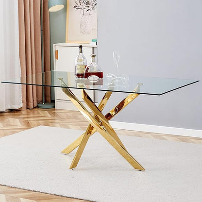 63" Glass Dining Table for 4-6, Contemporary Rectangular Dining Room Table with Tempered Glass Top & Gold Finish Stainless Steel Legs, Modern Large Dining Table for Home Kitchen