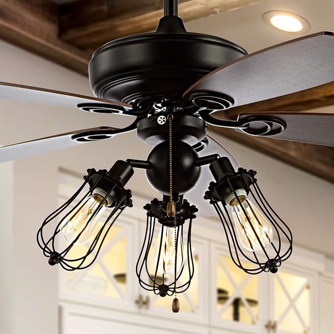 JONATHAN Y 52" Black 3-Light Iron and Wood Ceiling Fan, Industrial Caged Design with 5 Reversible Ashwood/Brown Blades, Pull-Chain, Rustic Farmhouse Style, LED Bulbs Included JYL9601A