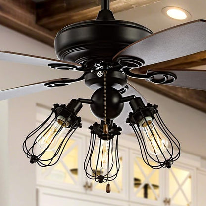 JONATHAN Y 52" Black 3-Light Iron and Wood Ceiling Fan, Industrial Caged Design with 5 Reversible Ashwood/Brown Blades, Pull-Chain, Rustic Farmhouse Style, LED Bulbs Included JYL9601A