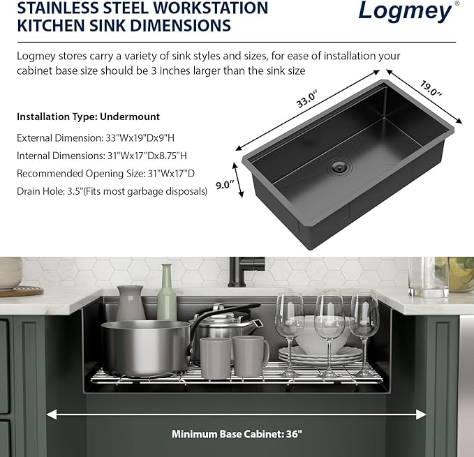 Logmey 33" Black Undermount Kitchen Sink 33x19 NANO-PVD All in One Workstation Sink 16 Gauge Stainless Steel Single Bowl for Heavy-Duty Use,Home Chef & Modern Kitchen Prep