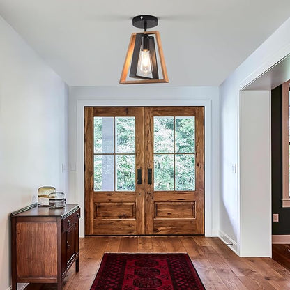 Kitchen Island Pendant Lights, Black Industrial Metal and Vintage Wood Hanging Light, Mini Farmhouse Chandelier, Adjustable Height Rustic Ceiling Lamp for Entryway, Dining Room, Foyer