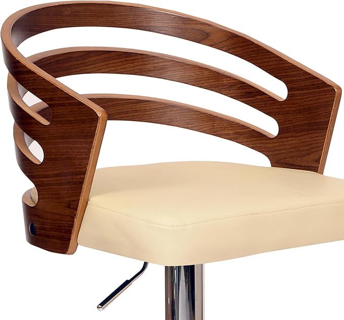 Armen Living Adele Modern Adjustable Height Swivel Cream Faux Leather and Walnut Wood Bar Stool with Chrome Base for Kitchen Island Counter