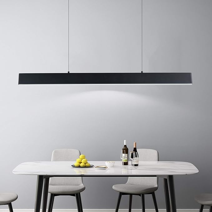Modern Linear Led Pendant Light - 1 Ring Integrated Led Hanging Light Fixture for Office, Kitchen Island, Bar, Dining Room - 30W 6000K Not-dimmable - 41.34" L x 47" H (Black)