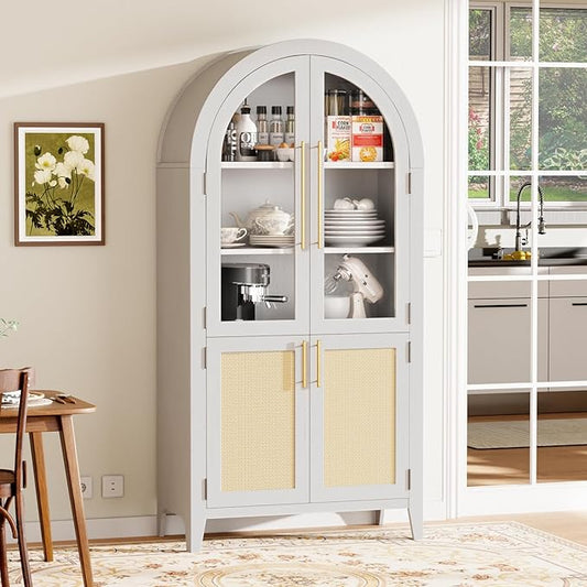 63" Arched Storage Cabinet, 5-Tier Modern Arched Cabinet with Glass Doors, Tall Arched Cabinet Adjustable for Living Room, Dining Room Office, White