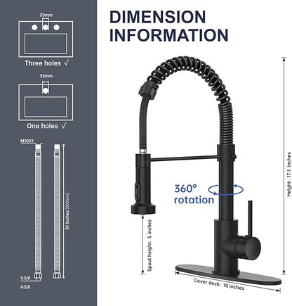 Black Kitchen Faucet with Pull Down Sprayer, High Arc Spring 304 Stainless Steel Commercial Kitchen Sink Faucet,1 or 3 Hole Installation for Farmhouse, RV Camper, Laundry & Utility Sink