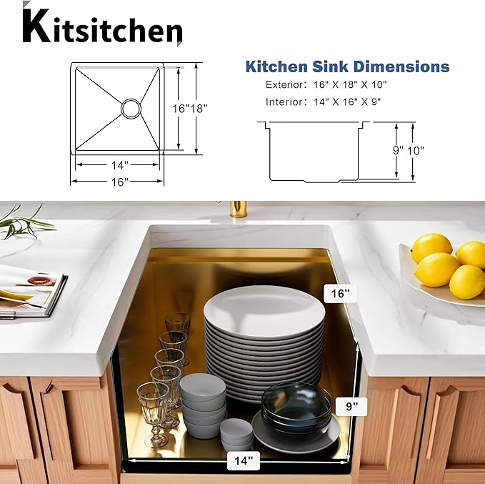 Kitsitchen Gold Bar Sink Undermount,16 Inch Small Bar & Prep Sinks,16 Gauge Stainless Steel Bar Sink with Workstation for Wet Bar Area,Round Corner & Offset Drain Design(16" X 18"X 10")