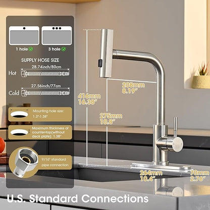 Waterfall Kitchen Faucet with Pull Down Sprayer, ARTIQUA Brushed Nickel Single Handle Kitchen Sink Faucet with Deck Plate Fits 1 or 3 Hole, for Bar RV Laundry Farmhouse Outdoor and Camper