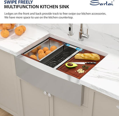 Sarlai 33 Farmhouse Sink Double Bowl - 33x22 Inch Farmhouse Kitchen Sink Ledge Workstation Low Divide Double Bowl 60/40 16 Gauge Stainless Steel Farm Sinks Basin