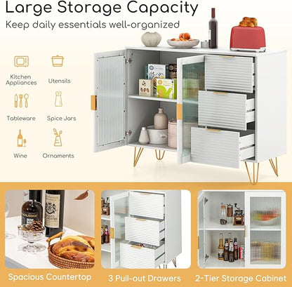 Giantex Buffet Cabinet with Storage, Modern Sideboard with 2 Doors & 3 Drawers, Freestanding Kitchen Cupboard with Solid Metal Legs, Coffee Bar Cabinet with Storage for Living Room, White
