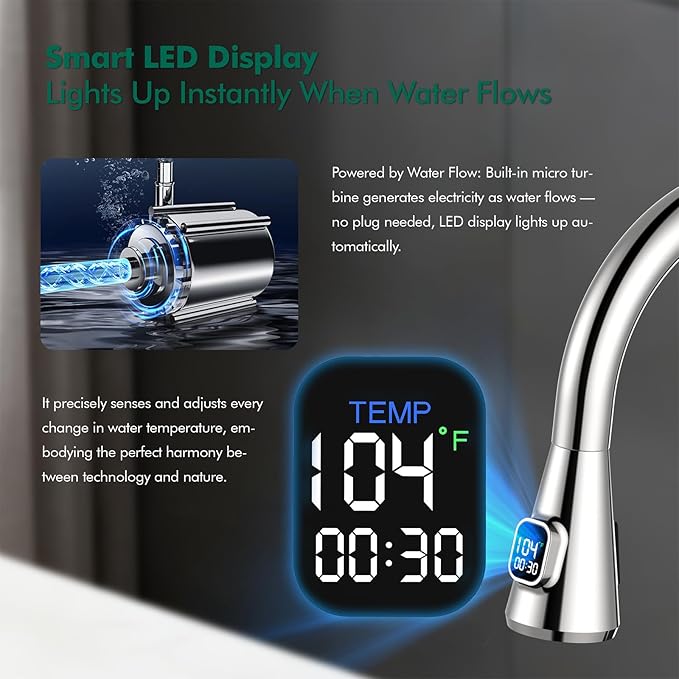 HOMELODY LED Temperature Display Kitchen Faucet with Pull Down Sprayer - Polished Chrome Single Handle Faucet for Kitchen Sink, High Arc Stainless Steel Design for RV Laundry Farmhouse Bar