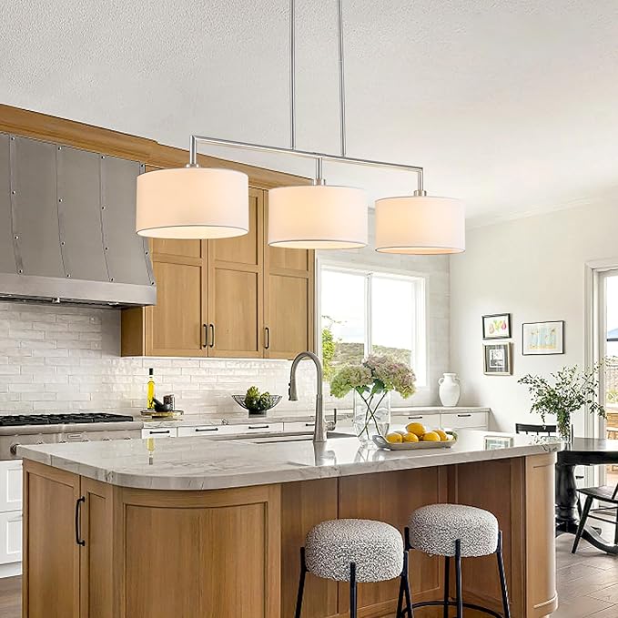 47" Linear Kitchen Island Lighting 3-Light Brushed Nickel Chandelier with White Fabric Drum Shade Adjustable Hanging Pendant Light for Dining Room Light Fixtures Over Table,Kitchen,Bar,Living Room,E26