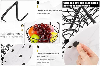 Livabber Fruit Basket Bowl with Banana Hanger, Metal Fruit Vegetable Storage Basket with Banana Holder for Kitchen Counter, Detachable Organizer for Bread Snack Produce (Black, 3-Tier Marble Base)