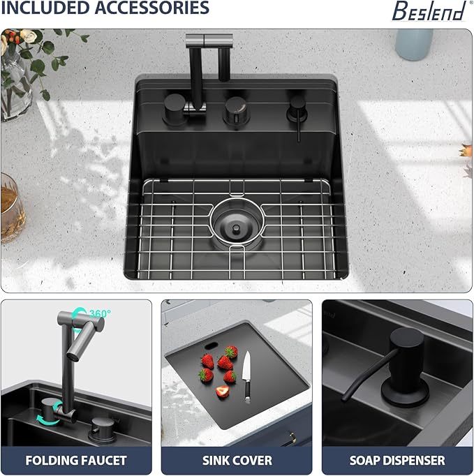 Outdoor Sink and Faucet - Beslend 17x19x9 Inch Black Undermount Bar Sink With Folding Faucet and Cover 16 Gauge Stainless Steel Single Bowl Sink Indoor Outdoor