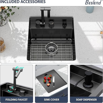 Outdoor Sink and Faucet - Beslend 17x19x9 Inch Black Undermount Bar Sink With Folding Faucet and Cover 16 Gauge Stainless Steel Single Bowl Sink Indoor Outdoor