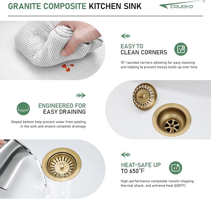 33 Inch White Undermount Kitchen Sink Workstation - Couoko 33x19 White Granite Composite Undermount Sink Quartz Classic Under Counter Single Bowl Kitchen Sinks Basin with Luxury Accessories
