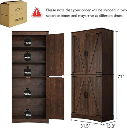 chartustriable 71in Farmhouse Kitchen Pantry Cabinet,Tall Storage Cabinet with 4 Doors and Adjustable shelves,with Load-Bearing Steel Pipe,Wood Storage Cabinets for Kitchen,Dining Room,Bathroom(Brown)
