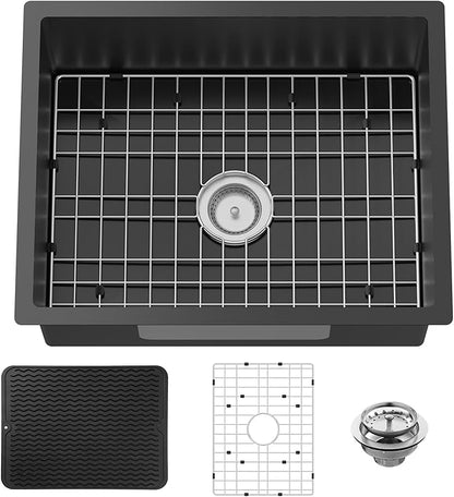 Black 24x19 Inch Undermount Kitchen Sink-Stainless Steel Single Bowl Drop In Kitchen Sink Stylish And Modern Look With Bottom Grid,Silicon Mat And Drain Assembly Add Elegance & Enhance Usability
