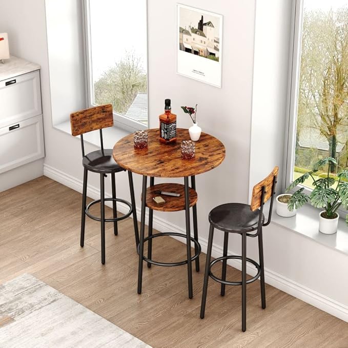 Bar Table Set for 2 with 2 PU Upholstered Stools, Pub Bistro Dinning Table and Stools with Backrest, Counter Height Bar Table Set for Apartment, Kitchen, Small Space