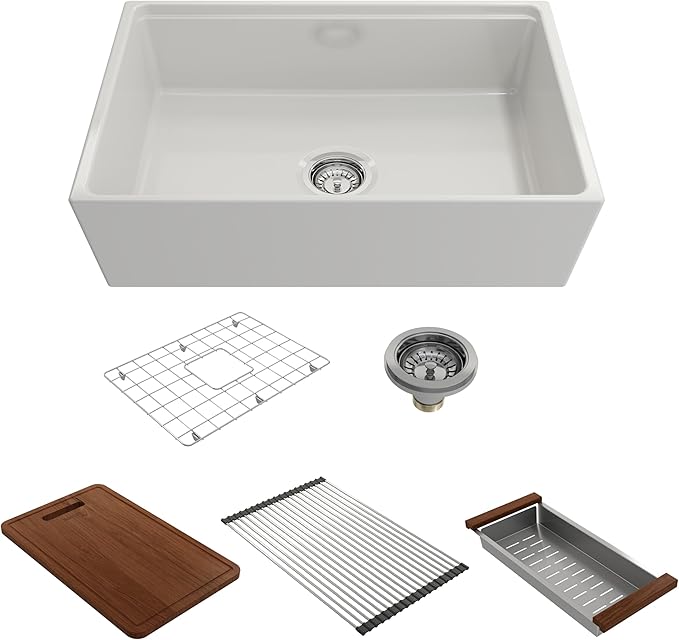 BOCCHI Contempo Workstation Apron Front Step Rim Fireclay 27 in. Single Bowl Kitchen Sink with Accessories in White