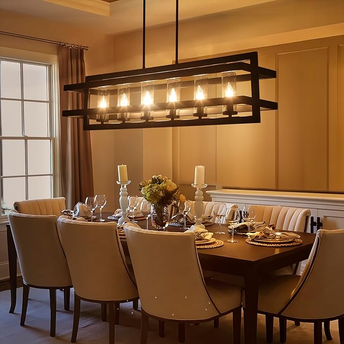 41" Black Pendant Lights Kitchen Island, Dining Room Light Fixtures 6-Light Rectangle Glass Shade Kitchen Island Lighting, Large Chandeliers for Dining Room with Adjustable Height
