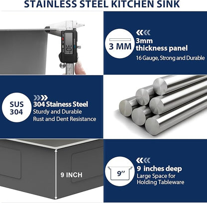 Lordear 33 Inch Drop in Kitchen Sink 33 x 22 Topmount Sink 16 Gauge Stainless Steel Single Bowl Deep Sink with Drain Strainer