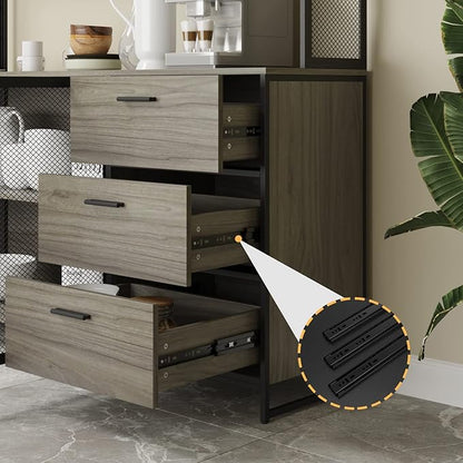AGOTENI Large Kitchen Hutch Cabinet, Storage Cupboard Pantry with 3 Metal Doors, 3 Drawers & Microwave Shelf, for Kitchen Open Storage, Walnut (59" W x 15.7" D x 68.5" H)