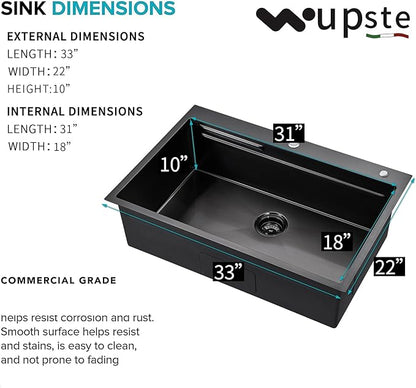Gunmetal Black Kitchen Sink 33 x 22 Drop In Kitchen Sinks with Faucet Modern Workstation Large Stainless Steel Sink 33 Inch Single Bowl Top Mount Black Sink Kitchen