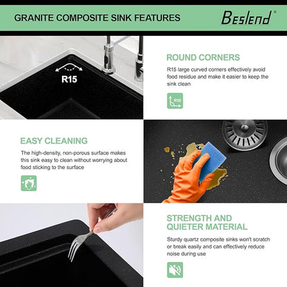 30 Granite Composite Kitchen Sink - 30x19 Inch Black Granite Kitchen Sinks Undermount Black Quartz Sink Ledge Workstation Classic Under Counter Single Bowl Sinks Basin