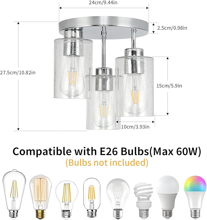 Semi Flush Mount Ceiling Light Fixture Chrome Flush Mount Ceiling Light with Seeded Glass Shades, 3-Light Modern Ceiling Light for Hallway Entryway Kitchen Island Bedroom