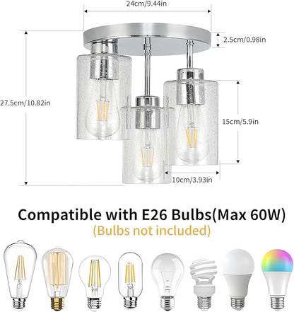 Semi Flush Mount Ceiling Light Fixture Chrome Flush Mount Ceiling Light with Seeded Glass Shades, 3-Light Modern Ceiling Light for Hallway Entryway Kitchen Island Bedroom