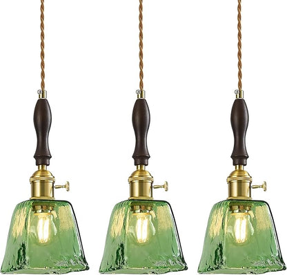 Green Glass Vintage Pendant Light Height Adjustable Handmade Glass Pendant Lights Kitchen Island Gold Hanging Light Fixture with Wood Handle for Bedroom Dining Room Hotel (3 Pack)