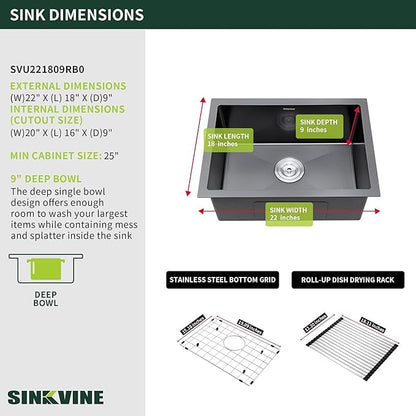 Black Kitchen Sink Undermount 22 x 18 inch, SINKVINE PVD Nano Stainless Steel Bar Sink for Outdoor RV Laundry, Single Bowl with 3.5" Drain Strainer, Bottom Rise Grid, Roll-up Drying Unit, Dark-Grey