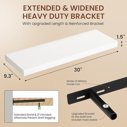 Dreamland 30 Inches Floating Shelves for Wall, 9.3" Deep Long Floating Shelves Set of 2, Large Display & Storage Shelf, Wall Shelf for Bathroom Bedroom Living Room Kitchen Office, White