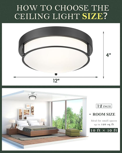 12-Inch Flush Mount Ceiling Light, Modern Farmhouse Style with Frosted Glass Shade, Matte Black, Ideal for Living Room, Bedroom, or Dining Room – Model CKCL4822-2W-BK