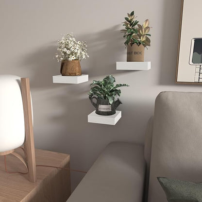 PopiShelves Small Floating Shelves for Wall - 4 Inch Mini Square White Shelves for Bedroom, Living Room, Bathroom, Kitchen, Office Decor Set of 3