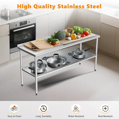 ROVSUN 72'' x 24'' Stainless Steel Table for Prep & Work,Commercial Worktables & Workstations,Heavy Dut Metal Table with Adjustable UnderShelf & Backsplash for Kitchen, Restaurant,Home,Hotel