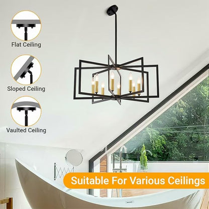 Farmhouse Chandeliers for Dining Room,8-Light Modern Geometric Metal Hanging Industria,Suitable for Restaurants, Living Rooms, Villas