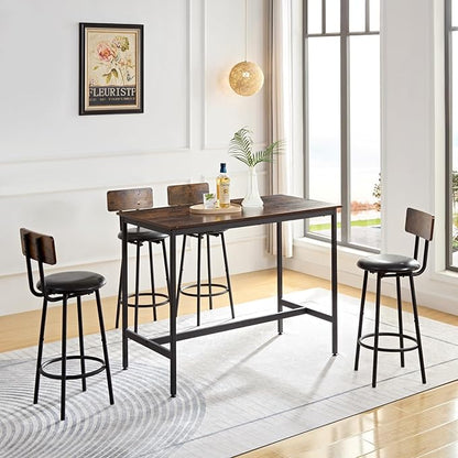 VIRITURE 5 Piece High Top Table Set Kitchen Bar Table and Bar stools Set for 4, Island Dining Table and Tall barstools,Counter Height Pub Small Table Set, Industrial, Rustic Brown (5PCS)
