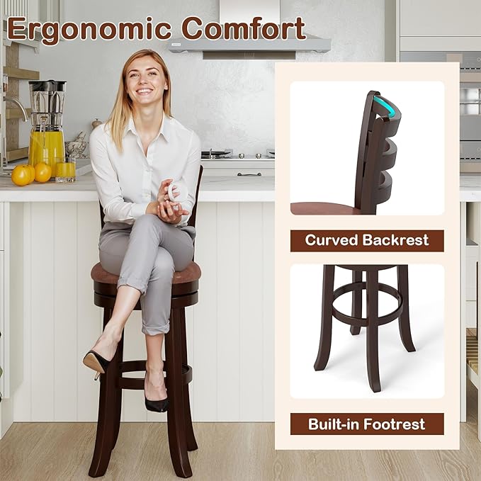 Giantex Swivel Bar Stools Set of 2, 30" Upholstered Counter Height Bar Chairs w/High Backrest, Faux Leather Seat, Solid Rubber Frame & Wrap-Around Footrest, Wooden Barstools for Kitchen Island, Pub