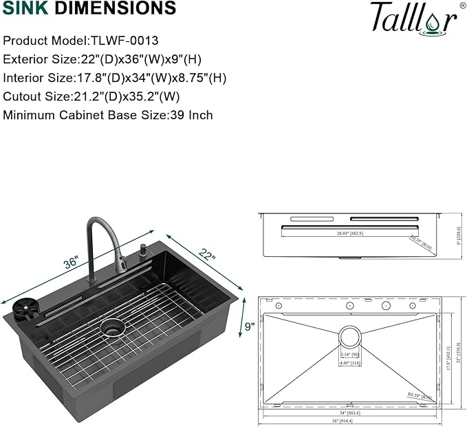 36 Inch Black Drop In Kitchen Sink with Faucet Waterfall 16 Gauge Stainless Steel Workstation All-In One Single Bowl 3-Holes Sink with Cup Washer, Soap Dispenser, Gunmetal Black #TLWF-0032
