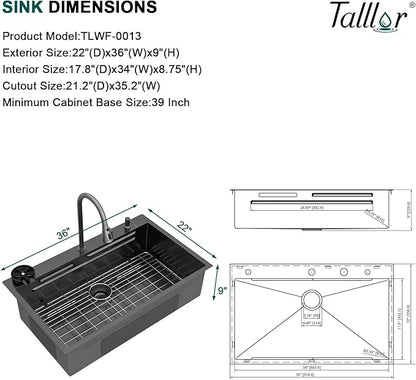 36 Inch Black Drop In Kitchen Sink with Faucet Waterfall 16 Gauge Stainless Steel Workstation All-In One Single Bowl 3-Holes Sink with Cup Washer, Soap Dispenser, Gunmetal Black #TLWF-0032