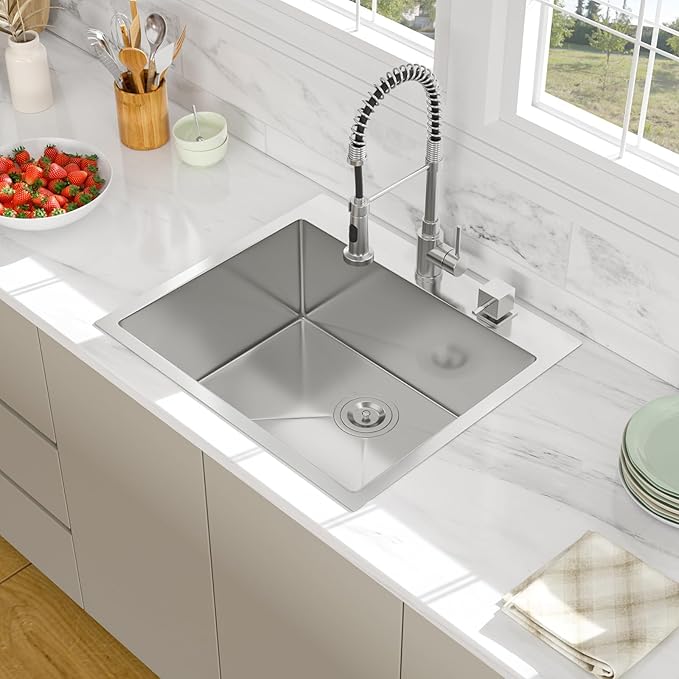 25 Drop In Kitchen Sink -Beslend 25x22 Inch Stainless Steel Kitchen Sinks 16 Guage Single Bowl Handmade Sinks Topmount Bar Sink Basin